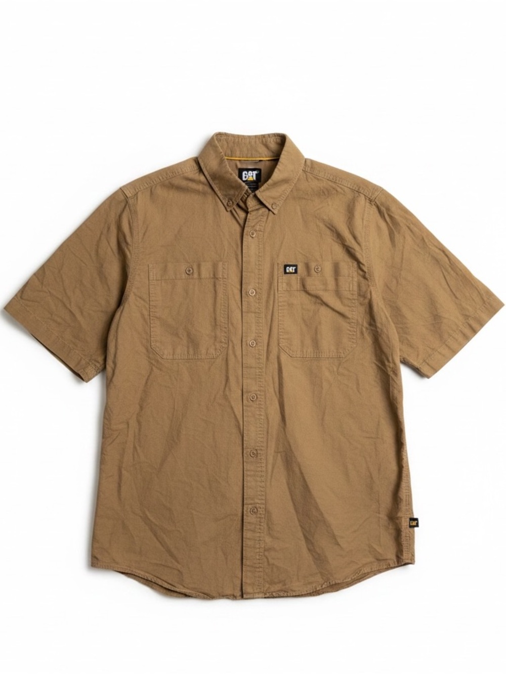 Caterpillar CAT Workwear Short Sleeve Button Down Shirt Tan Khaki Size M